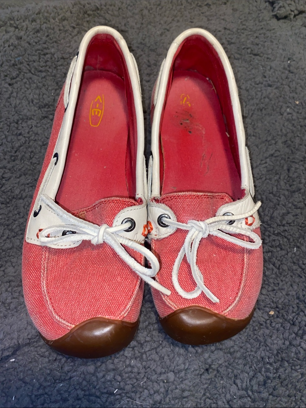 Keen Women's Coral Pink and White Canvas Moccasin Flats
